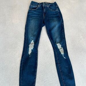 sz 27 High Waisted Good American Distressed Skinny Leg Super Stretch Denim Jeans
